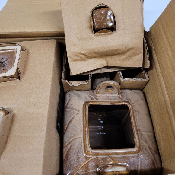 Pier 1 Stoneware Canyon Tea Set Teapot 4 Cups New in Box Brown Square Abstract - Picture 3 of 8